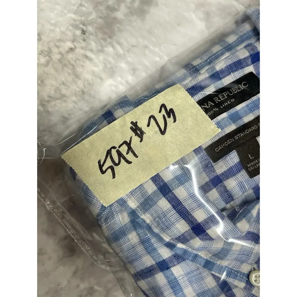 Preppy Linen Banana Republic Camden Standard Fit Button Down Shirt L Blue Plaid